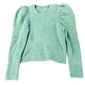 Fuzzy Puff Sleeve Wool Alpaca Blend Sweater Mint‎ Green Knit Pullover Women's LG